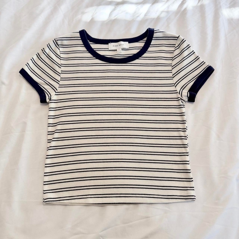 Pink Rose Retro Striped Ringer Tee Ivory Navy Ribbed 90s Baby Tee Large